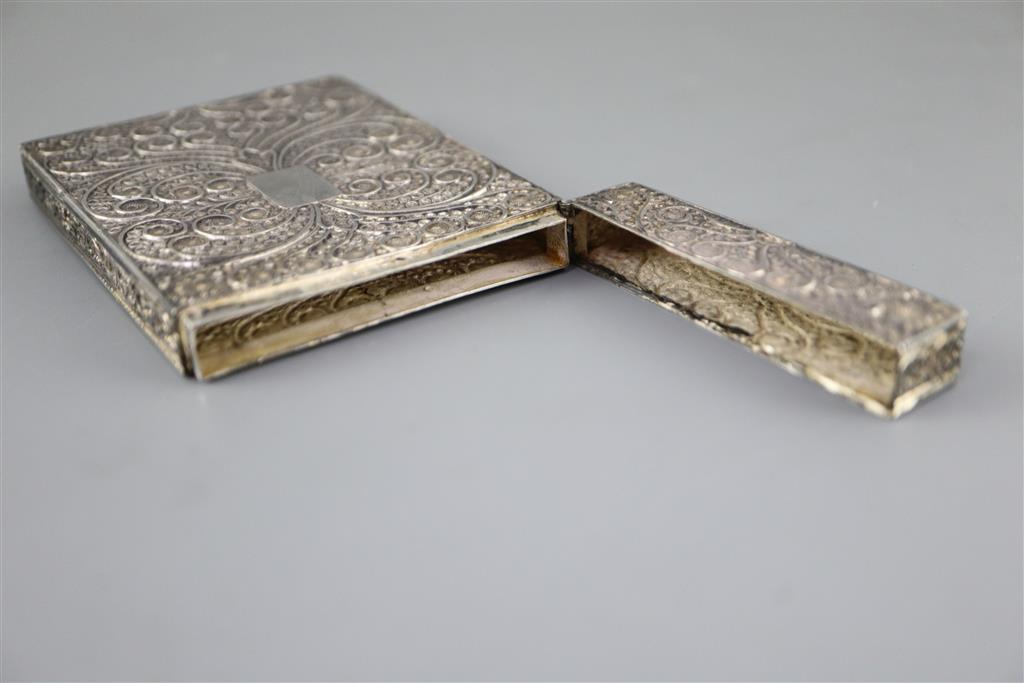 A William IV filligree silver rectangular card case, with inset panel embossed with scene of a stately home,